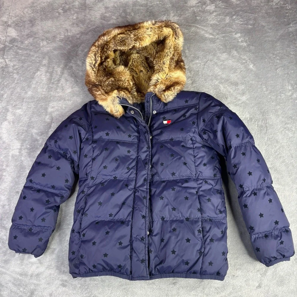 Tommy Hilfiger Puffer Jacket Girls M 8-10 Navy Blue Star Down Feather Faux Fur